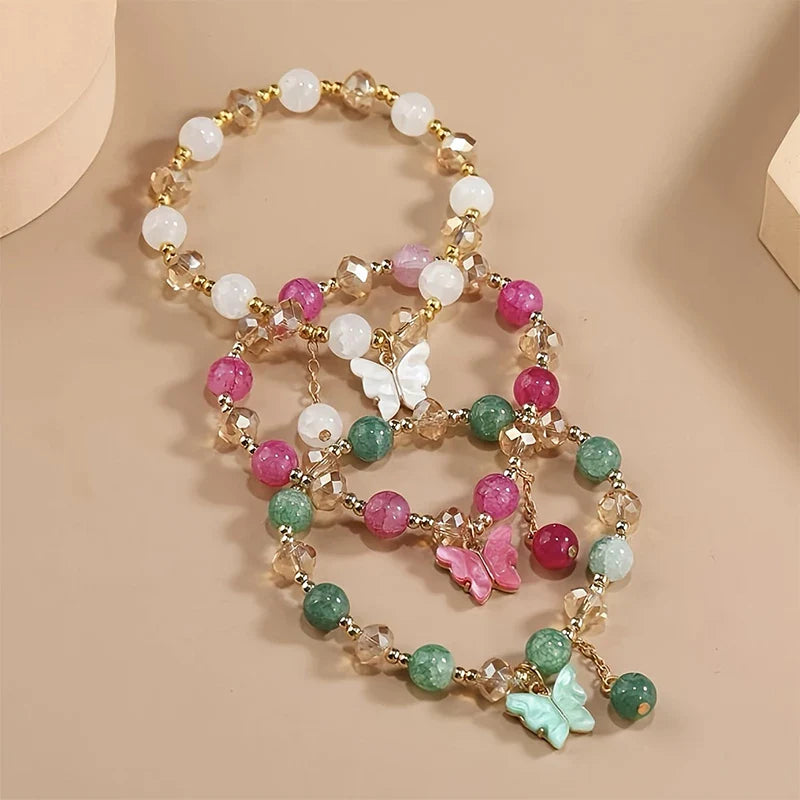 Purple Butterfly Charm Bead Stretch Bracelets – Multi-Color Crack Faceted Beads, Cute Jewelry Gift for Women & Girls