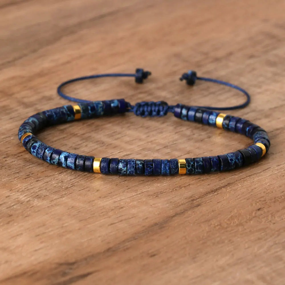 Natural Blue Emperor Stone Beaded Bracelet – Polished Block Beads, Adjustable Woven Rope Women’s Gift Jewelry