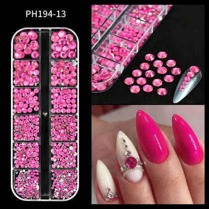 12-Grid 3D Glass AB Crystal Nail Art Rhinestones Kit – Flatback Round Beads with Tools for Nail Jewelry & Diamond Decoration