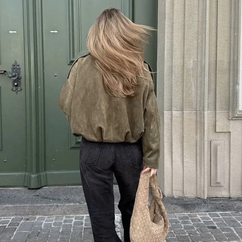 Women's Vintage Bomber Jacket Coat – Turn-Down Collar Long Sleeve Loose Fit Chic Fashion Outerwear