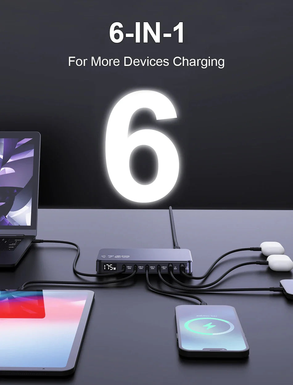 Ueetop 175W GaN USB-C Charger – 6-Port Desktop Charger with LED Display, PD 100W, PPS 45W Fast Charging for MacBook, Samsung, iPhone