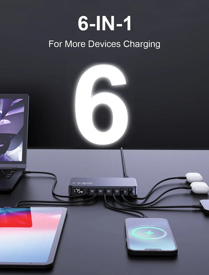 Ueetop 175W GaN USB-C Charger – 6-Port Desktop Charger with LED Display, PD 100W, PPS 45W Fast Charging for MacBook, Samsung, iPhone