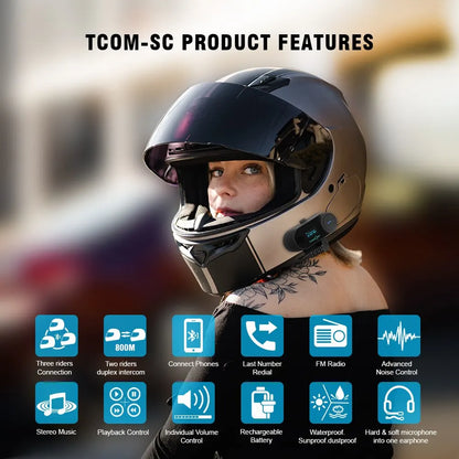 Freedconn T Com SC Bluetooth Motorcycle Intercom – Helmet Headset, Wireless Communication, BT 5.0, Music Share, 6 Riders, FM