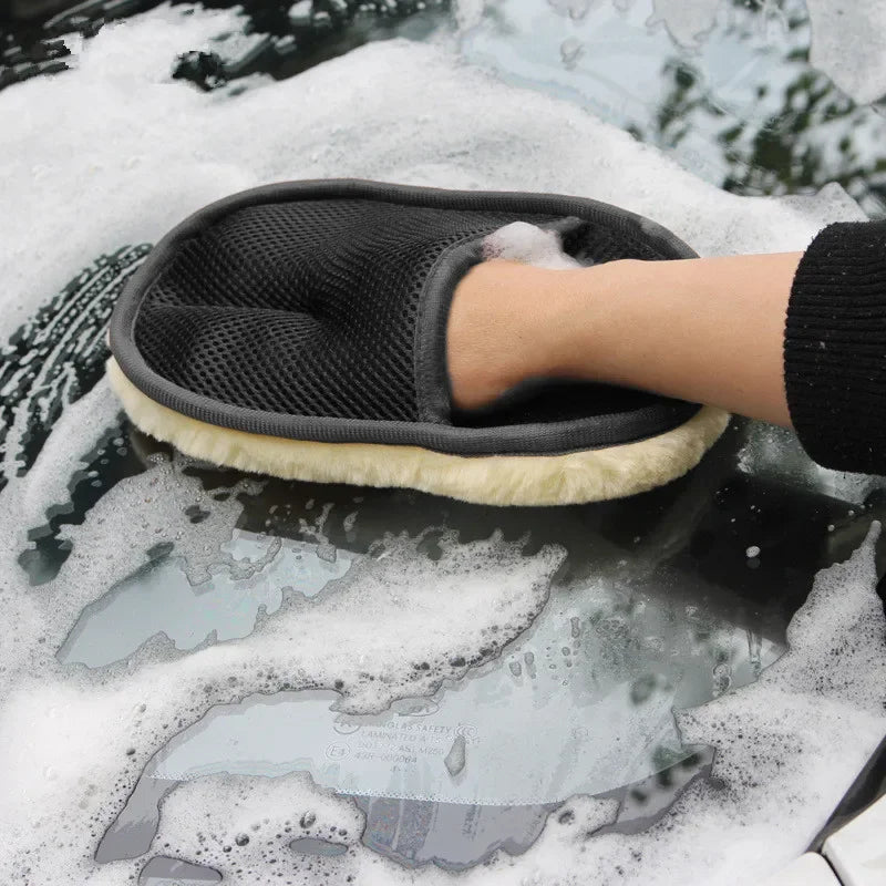 Car Cleaning Brush & Wool Gloves – Soft Car Washing & Motorcycle Washer Brush, 15x23cm Automotive Care Tool