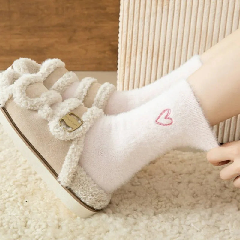 Thickened Pink Mink Fur Heart Embroidered Socks — Women’s Autumn Winter Warm Plush Mid-Tube Home Sleep Socks