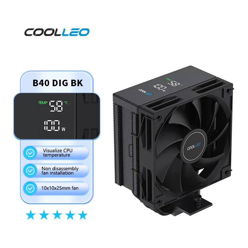 COOLLEO B40S DIG CPU Air Cooler with Intelligent Temperature Display – 4 Heat Pipes 200W TDP Radiator for Intel LGA1700/115X & AMD AM4/AM5