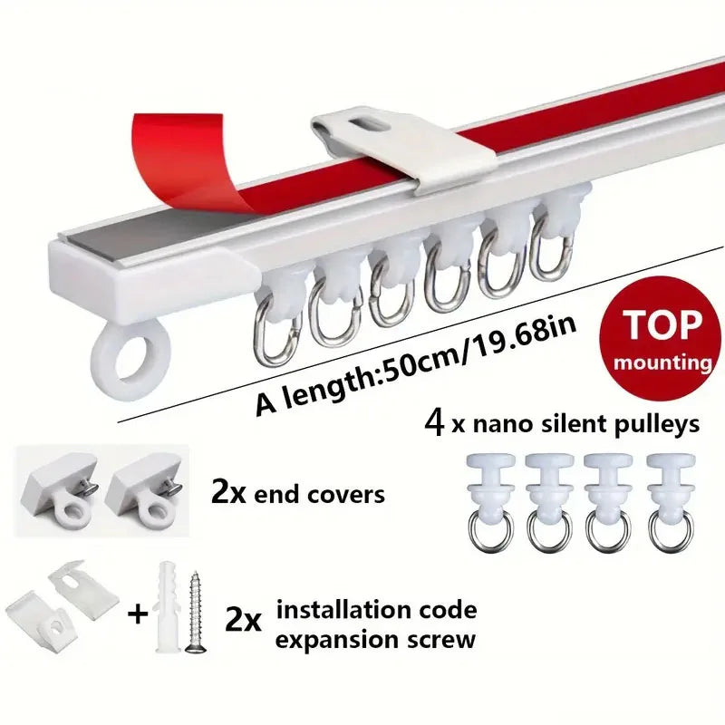 Self-Adhesive or Perforated Dual-Purpose Curtain Track - Nano Silent Slide Rod, Ceiling or Wall Mount for Curtains and Cabinets