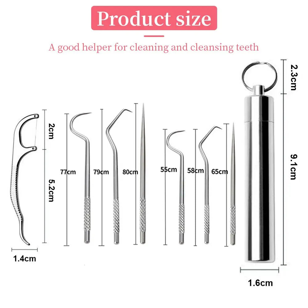 7pcs Stainless Steel Toothpick Set: Reusable Tooth Flossing Picks for Oral Cleaning - Portable Teeth Cleaner Kit