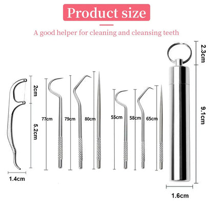 7pcs Stainless Steel Toothpick Set: Reusable Tooth Flossing Picks for Oral Cleaning - Portable Teeth Cleaner Kit