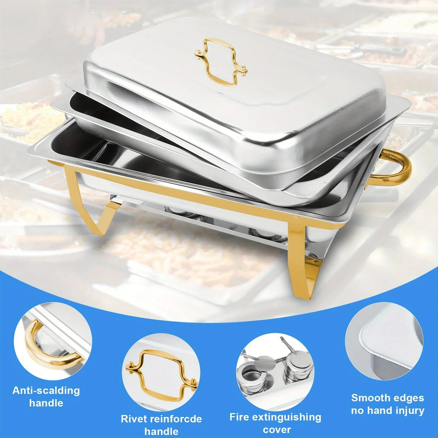 6-Pack 9QT Golden Stainless Steel Chafing Dishes – Buffet Warmer Set for Catering, Parties & Weddings