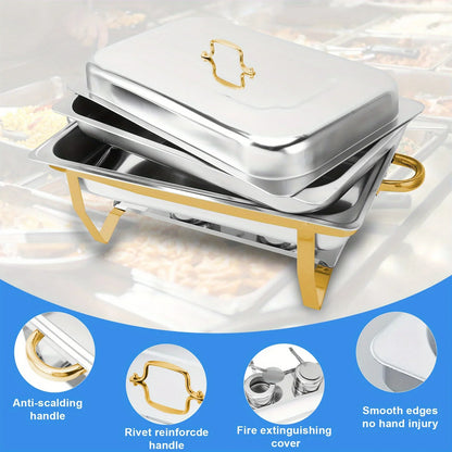 6-Pack 9QT Golden Stainless Steel Chafing Dishes – Buffet Warmer Set for Catering, Parties & Weddings