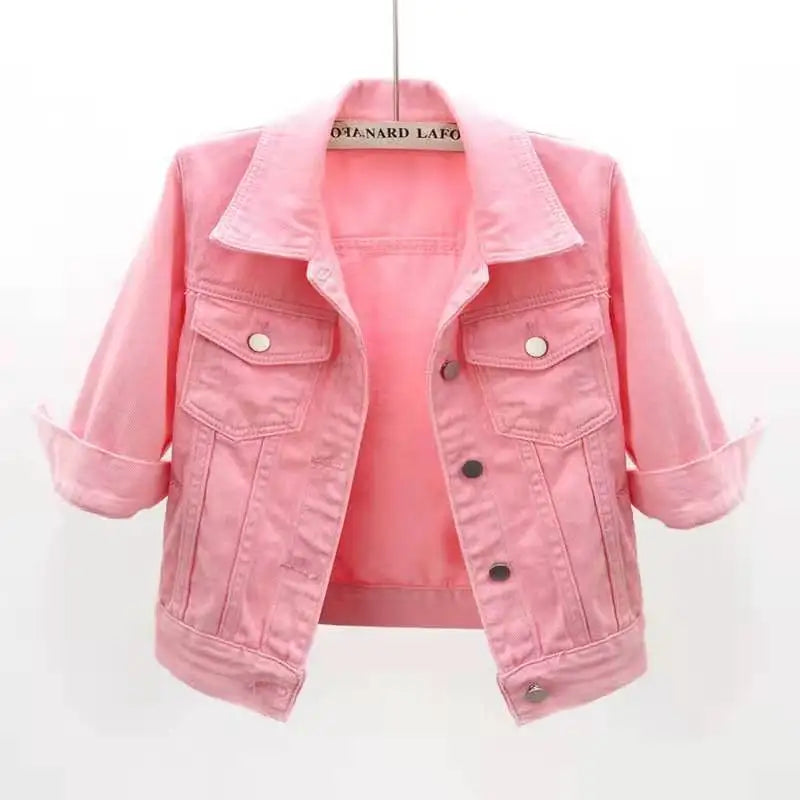 Women’s Denim Jacket – Spring & Autumn Short Coat, Casual Pink Jean Jackets, Loose Purple, Yellow & Blue Outerwear Tops