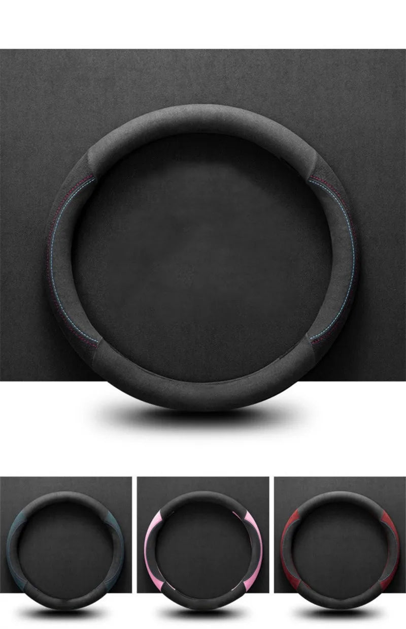 Universal Cowhide Suede Steering Wheel Cover — Breathable 37-38cm Car Steering Wheel Wrap Accessories