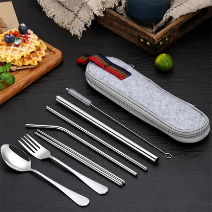 8-Piece Reusable Travel Cutlery Set — Stainless Steel Spoon, Fork, Chopsticks & Straw with Portable Case