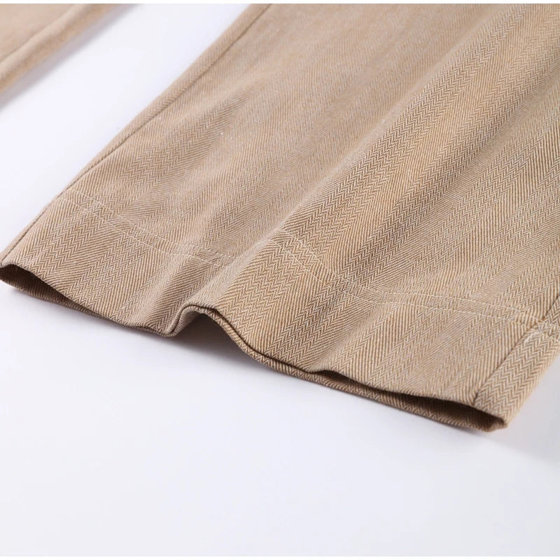 Women’s Cotton Linen Trousers Set — Casual Lapel Crop Top & Straight Pants Streetwear Spring Autumn Outfit