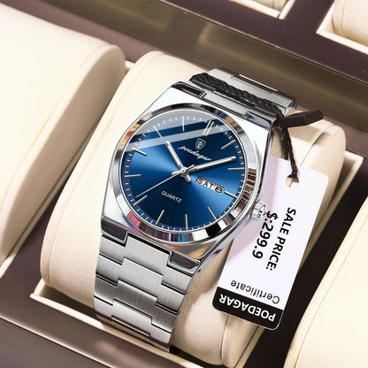 POEDAGAR Luxury Men's Watch – Waterproof Luminous Quartz with Date and Week, Stainless Steel, Casual with Box