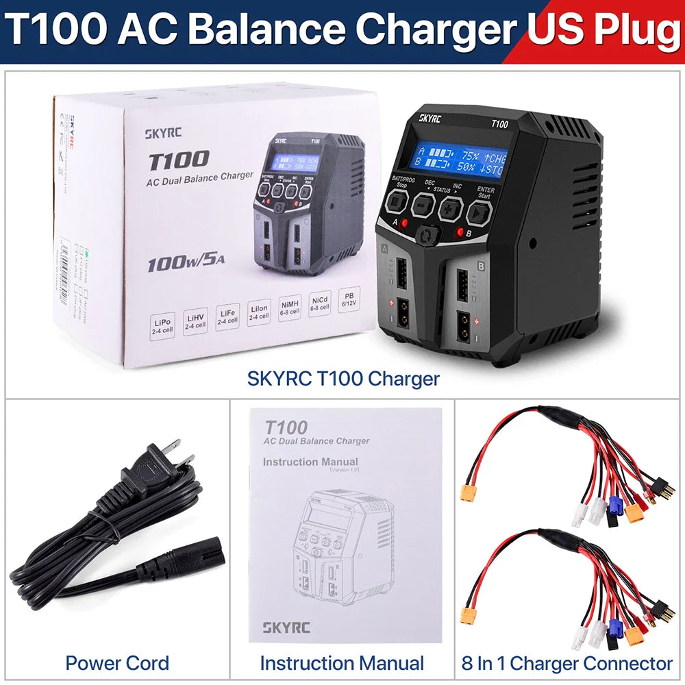 SKYRC T100 AC Dual 5A Lipo Battery Charger — 2x50W Balance Charger for 2-4S NiMH, NiCd, LiPo, LiFe, LiIon, LiHV RC Cars
