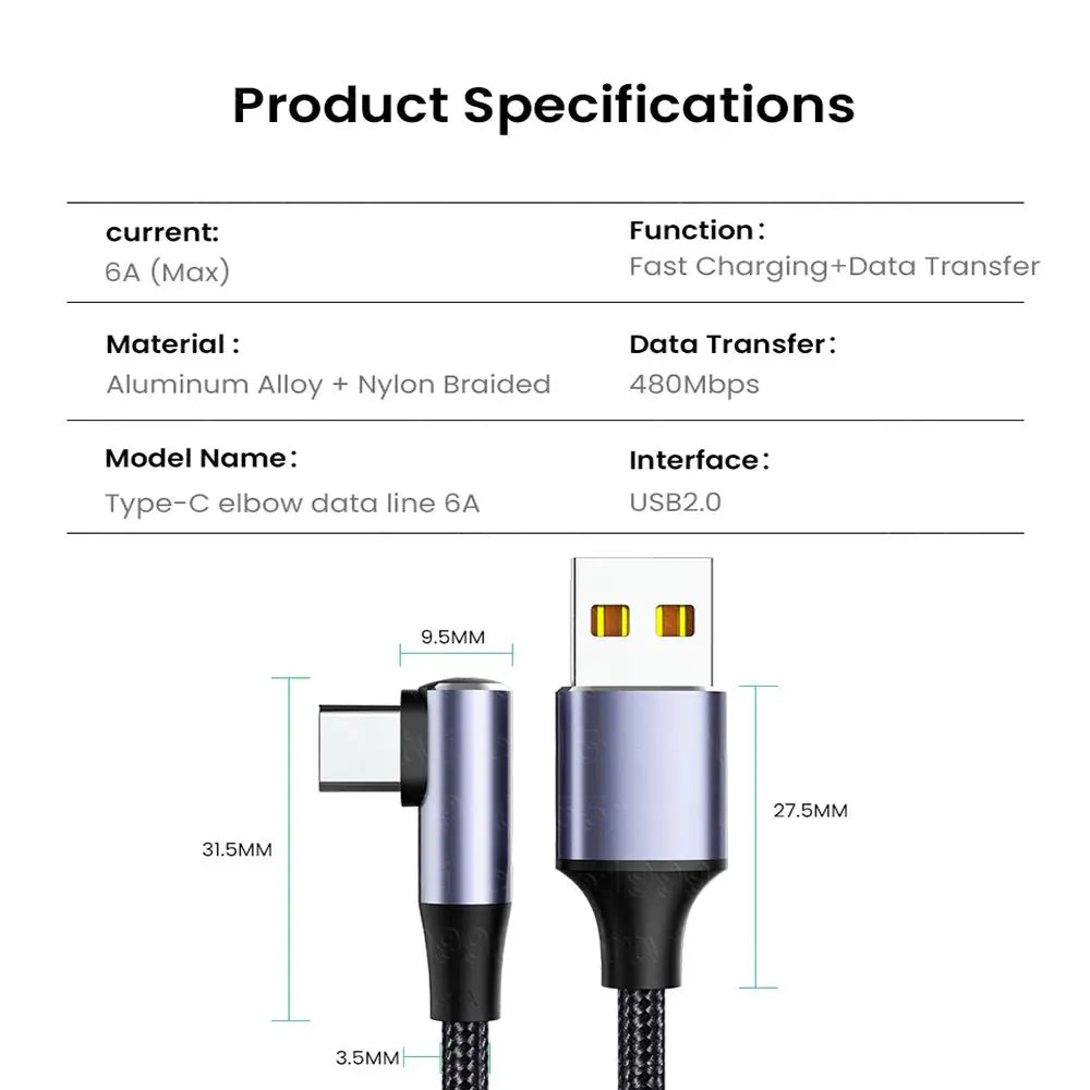 100W PD Fast Charging Cable – USB-A to USB-C 4.0 Right Angle 90° Data Cable for Laptop & Mobile Phone