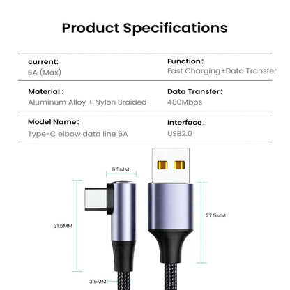 100W PD Fast Charging Cable – USB-A to USB-C 4.0 Right Angle 90° Data Cable for Laptop & Mobile Phone