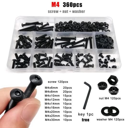 M1.6-M8 Black Grade 10.9 Steel Allen Hexagon Screw Bolt Nut Washer Kit – Round Head Set Box