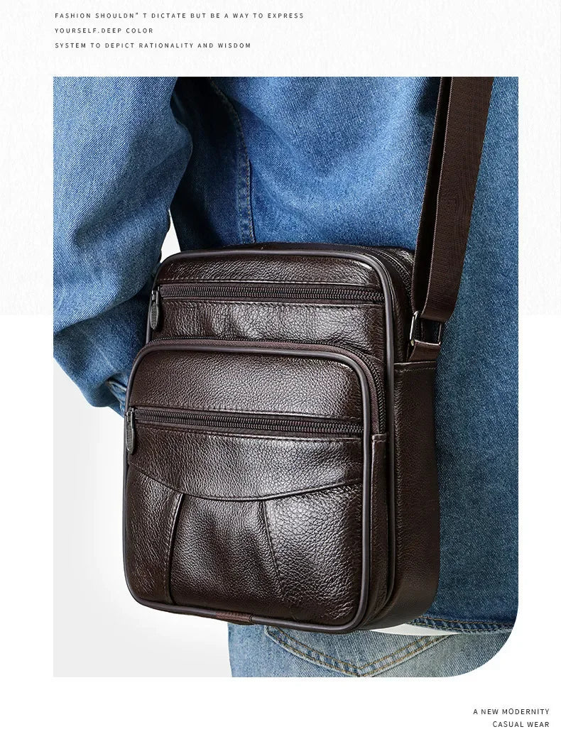 Men’s Genuine Leather Crossbody Bag – Small Outdoor Casual Bag for Motorcycle and Daily Use