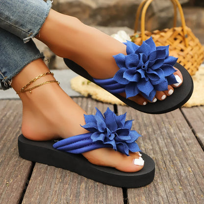Women's Flower Platform Flip Flops - Soft Sole Non-Slip Beach Thong Sandals