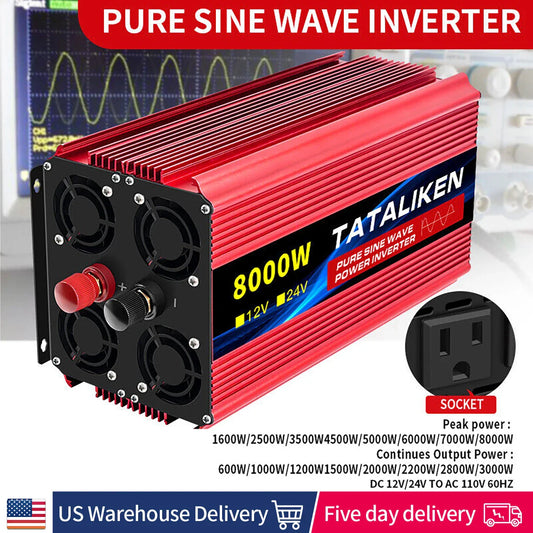 Pure Sine Wave Inverter 5000–10000W – 12V DC to 110V AC Portable Solar & Car Power Converter