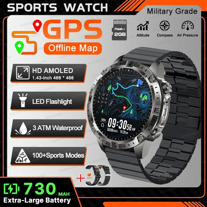 All-Terrain GPS Sports Smartwatch - Offline Maps, Altimeter, Barometer, Compass, 3ATM Waterproof & 730mAh Battery