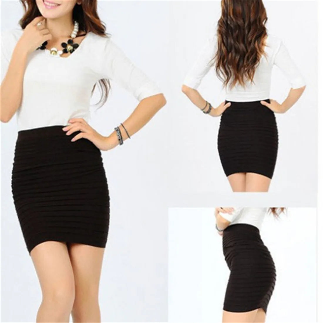 Women’s Summer High Waist Pleated Skirt – Solid Color Elastic Mini Skirt, Slim Draped Pencil Skirt for Office & Sexy Look