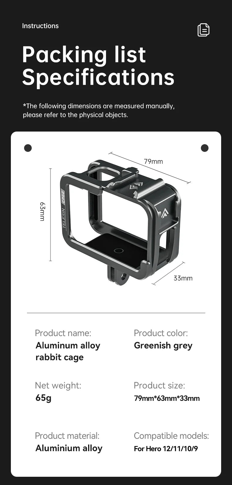 TELESIN Aluminum Alloy Cage for GoPro Hero 12/11/10/9 – Vlog Frame Case with Cold Shoe Mount & Protective Housing
