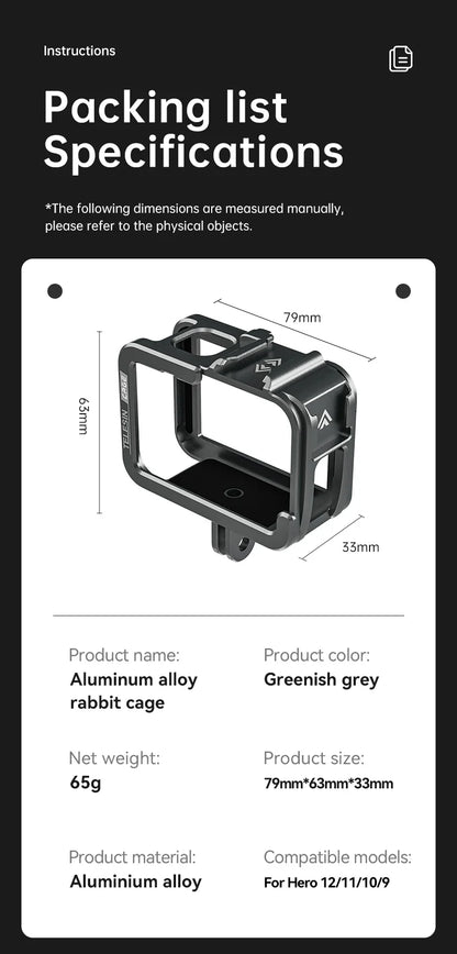 TELESIN Aluminum Alloy Cage for GoPro Hero 12/11/10/9 – Vlog Frame Case with Cold Shoe Mount & Protective Housing
