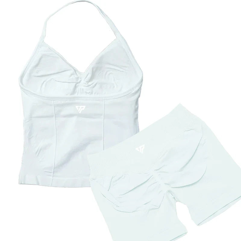 Women’s 2-Piece Yoga Set – Seamless Gym Outfit with Shorts & Lace-Up Sports Bra, High Quality Fitness Activewear Set