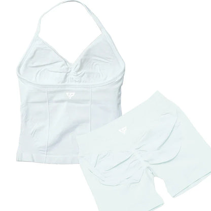 Women’s 2-Piece Yoga Set – Seamless Gym Outfit with Shorts & Lace-Up Sports Bra, High Quality Fitness Activewear Set