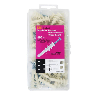 100Pcs Nylon Drywall Ribbed Anchors with Self-Tapping Screws — Plastic Plasterboard Wall Bolts