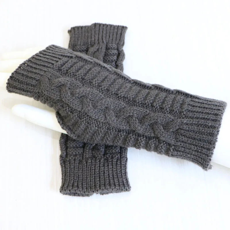 Women’s Stylish Winter Fingerless Gloves — Hand Warmer Arm Crochet Knitting Faux Wool Mittens with Twist Pattern