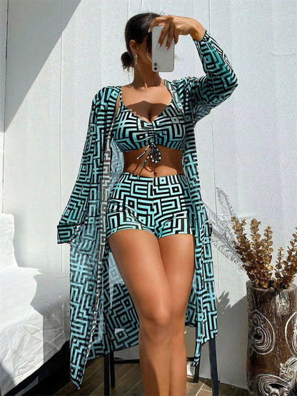 2026 Women’s Bikini Set – Lattice Sling Top with Sexy Boxer Shorts, Long Sleeve Summer Swimwear, Beach Bathing Suit
