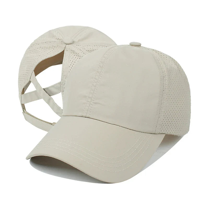 Summer Solid Color Baseball Cap – Quick-Drying Mesh Golf & Sports Hat for Women, Cross Ponytail Design, Men's Peaked Cap