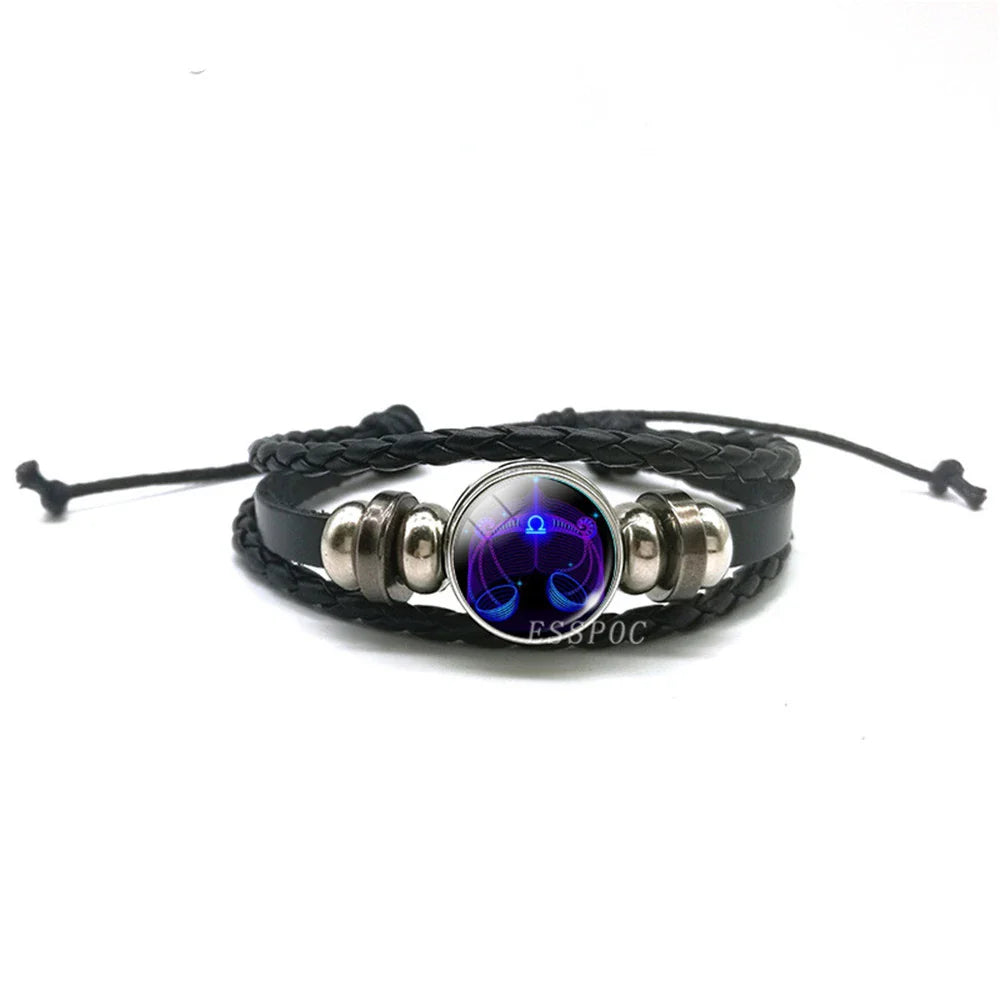 New Men's 12 Constellation Black Braided Leather Bracelet – Punk Style Zodiac Sign Multilayer Wrap Bracelet for Birthday Gifts