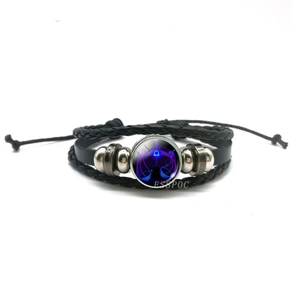 New Men's 12 Constellation Black Braided Leather Bracelet – Punk Style Zodiac Sign Multilayer Wrap Bracelet for Birthday Gifts