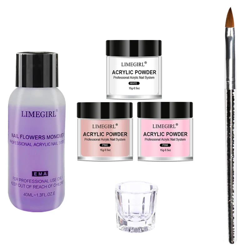 40ml Crystal Liquid & 45ml Acrylic Powder Set – Pink, White, Transparent Acrylic Powder Kit for Beginners Nail Art