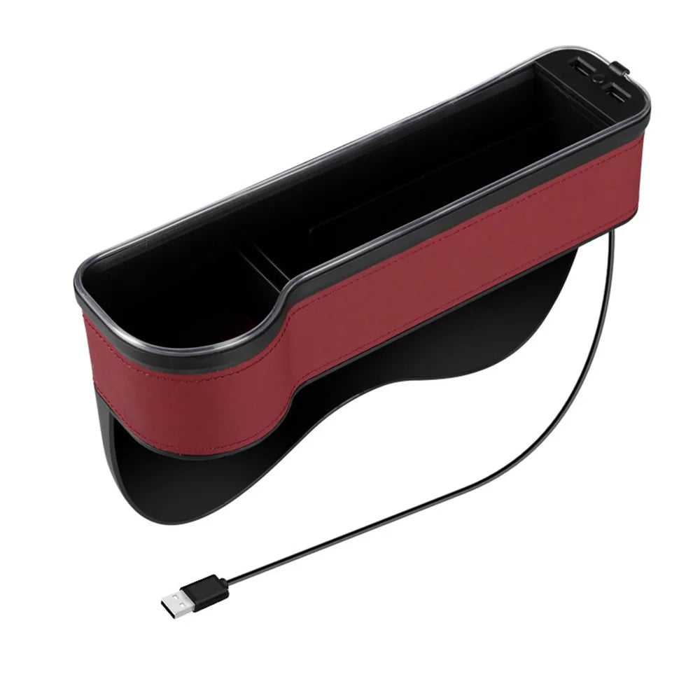 Car Crevice Storage Box with 2 USB Charger – LED Seat Gap Organizer, Phone, Bottle, and Cup Holder