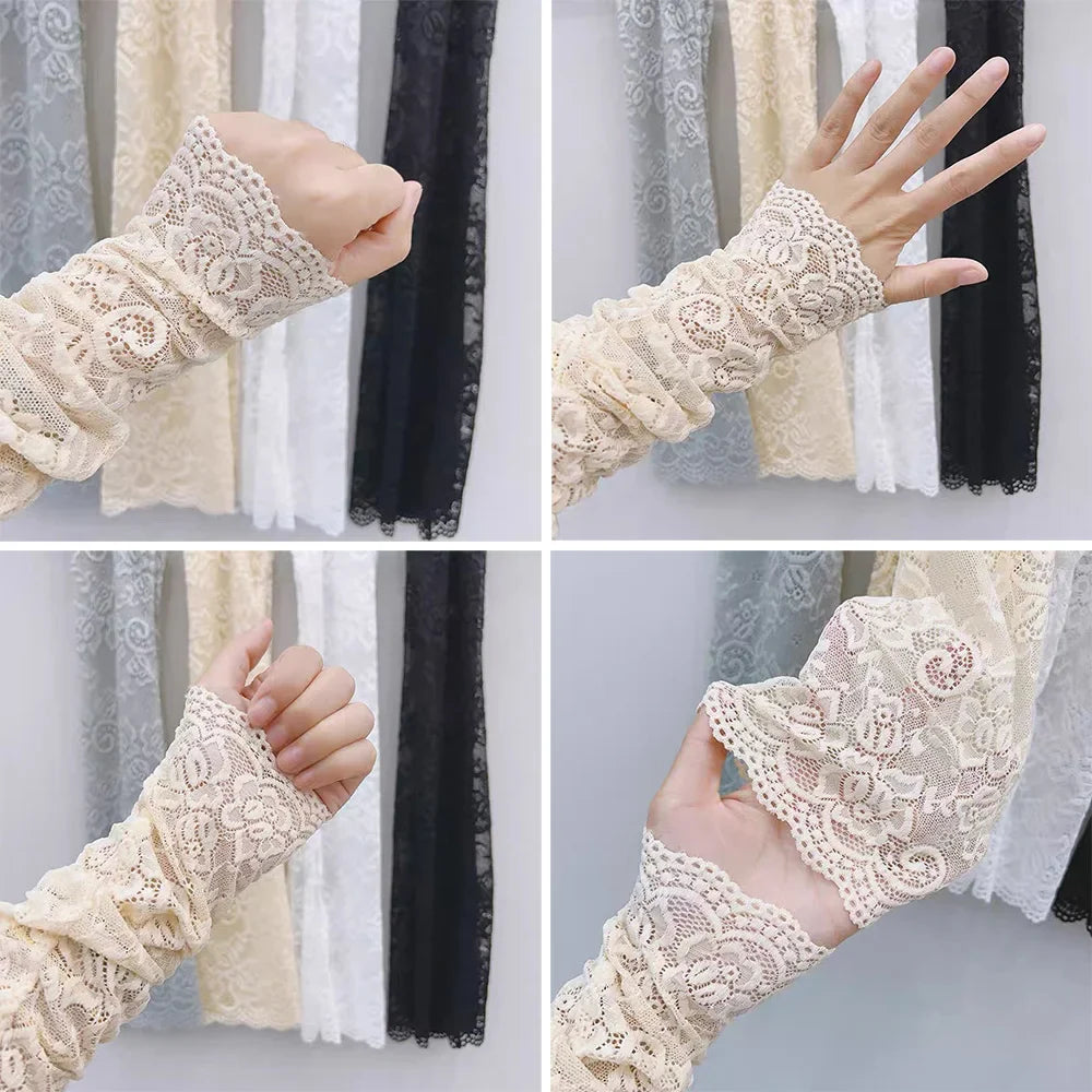 Summer Lace UV Solar Arm Sleeves for Women - Fingerless Gloves with Elastic Driving Coverage - Anti-Sunburn Arm Protection and Sexy Wrist Mittens