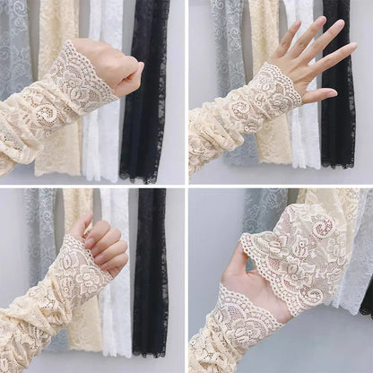 Summer Lace UV Solar Arm Sleeves for Women - Fingerless Gloves with Elastic Driving Coverage - Anti-Sunburn Arm Protection and Sexy Wrist Mittens