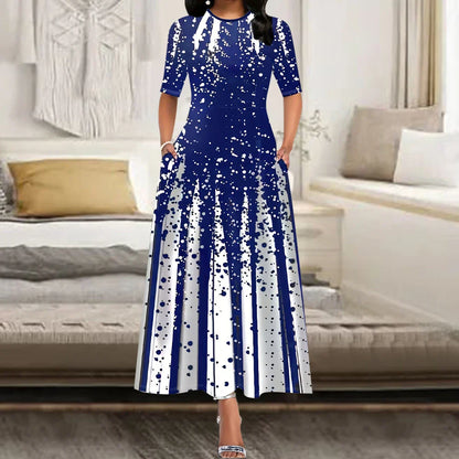 Women’s Elegant Long Party Dress 2024 – Loose Retro Printed Casual Dress with Round Neck & Short Sleeves