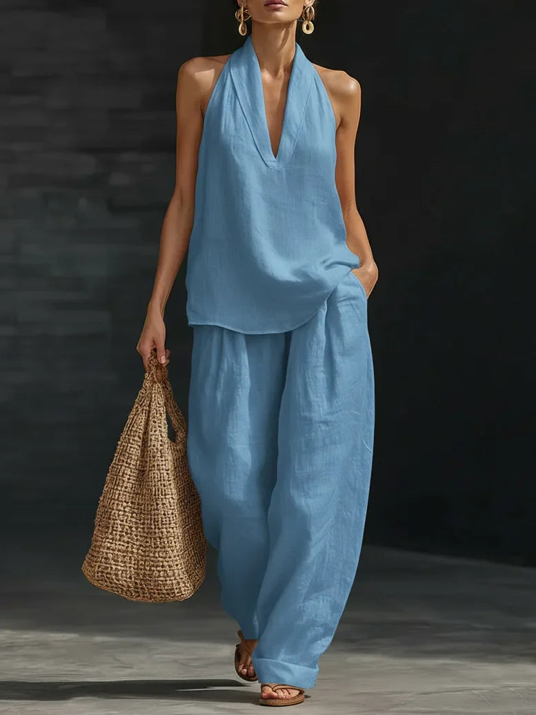 Women’s 2-Piece Summer Outfit – Halter Neck V-Neck Sleeveless Top & Loose Trousers Casual Matching Set