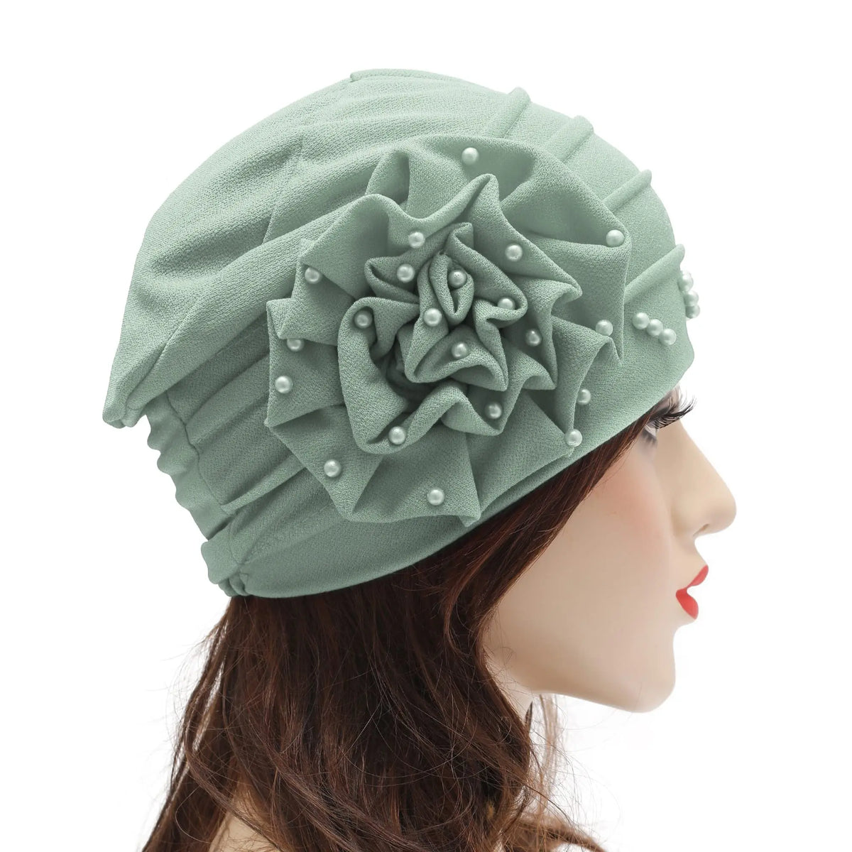 2024 Pearl Embellished Muslim Turban Beanie for Women – Elastic Hijab Headwrap with Flower Chemo Cap