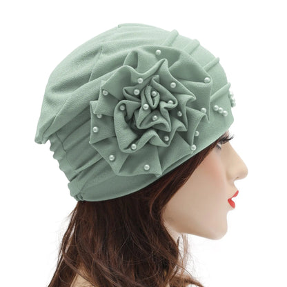 2024 Pearl Embellished Muslim Turban Beanie for Women – Elastic Hijab Headwrap with Flower Chemo Cap