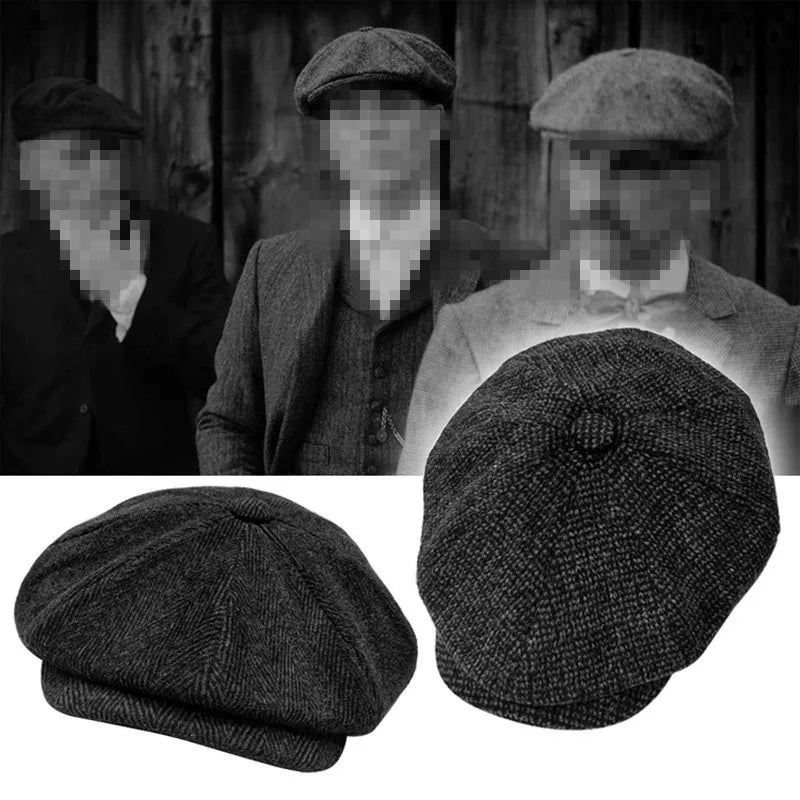 Men's Retro Newsboy Cap - Octagonal Flat Hat with Herringbone Design, British Painter Style Beret for Autumn and Winter