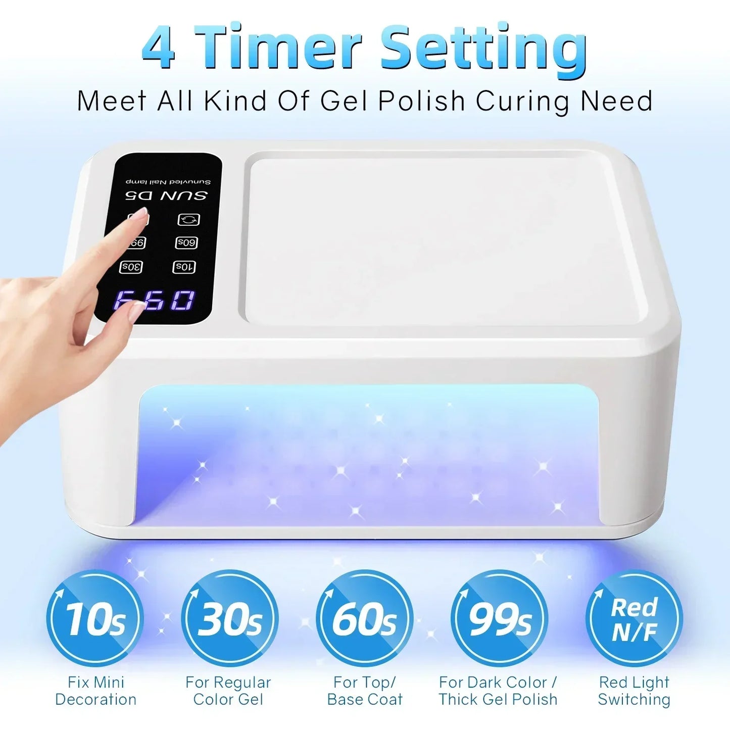 480W UV LED Nail Lamp – 108 LEDs Nail Dryer with Red Light Whitening Mode, Large Space, 4 Timer Settings