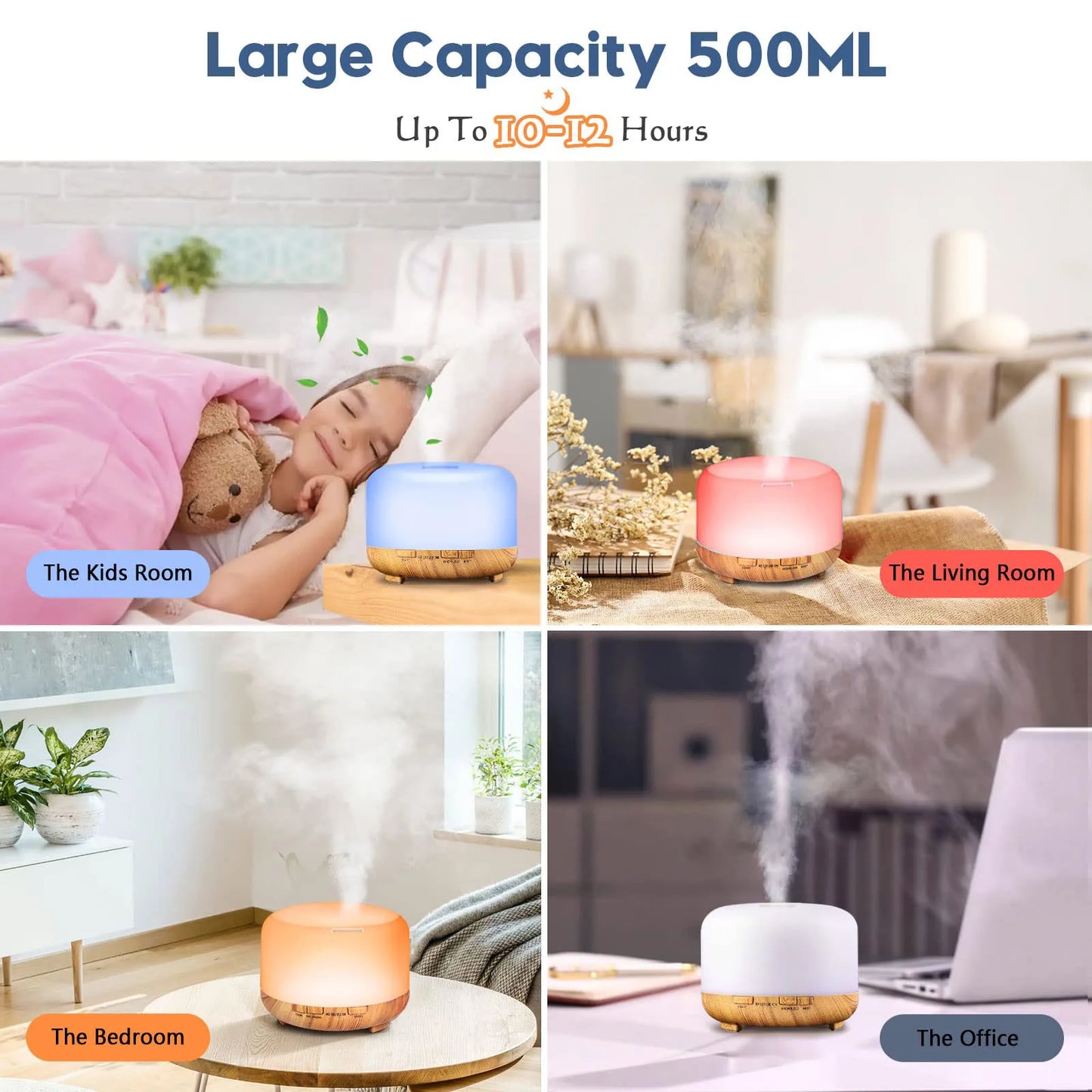 500ML Wood Grain Aroma Diffuser: 5V 2A Essential Oil Aromatherapy Humidifier with Remote Control for Home Office
